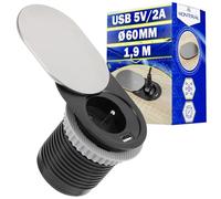 Recessed Power Socket French Type - Desk Power Socket with USB 5V/2A and Cover - for Hole Ø 60 mm - with Power Cord 1,9 m - Warranty 10 Years - MONTERAL