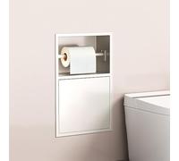 Recessed stainless steel shower shelf with toilet paper holder and trash can holder. Space-saving wall-mounted storage for the bathroom.