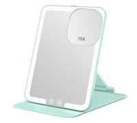 Rechargeable 1500mAh Travel Makeup Mirror with Lights,Portable 1X with mini 15X Magnifying Mirror,Folding Lighted Cosmetic Vanity with Adjustable Stand,3 Color Lighting,Dimmable