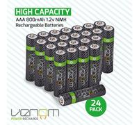 Venom Rechargeable AAA Batteries - 800mAh 1.2V NiMH (24-Pack), Black