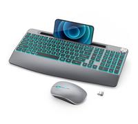 Rechargeable Backlit Keyboard and Mouse Combo - Full-Sized Lighted Keyboard with Wrist Rest, Phone Holder, Volume Knob, 2.4GHz Wireless for Computer, Laptop, PC, Mac, Windows - Grey