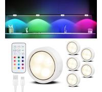 Rechargeable Battery Operated RGB Puck Lights with Remote,6 Pack Dimmable Wireless Led Under Cabinet Kitchen Lights ,Wardrobe,Display,Closet,shelf,Cupboard Push lights,Magnetic Lamp Stick on Wall