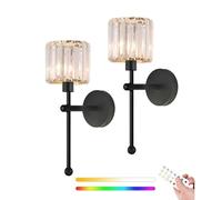 Rechargeable Battery Operated Wall Sconce Not Hardwired Wall Lights set of 2, Cordless Crystal Glass Wall Mount Lamp with Remotes & Bulbs, No Wiring Dimmable Sconces for Bathroom Living Room Bedroom(G