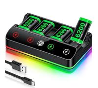 Rechargeable Battery Pack for Xbox One/Series Controller, 4x6200mWh Battery Pack with Charger/Cooling RGB/25H Playtime, Compatible with Xbox One/S/X/Elite 1, Series S/X Controller Thumb Grips