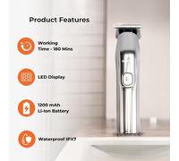 Geepas Rechargeable Beard Trimmer | Electric Stubble Hair Trimmer | LED Display, 1200mAH Li-ion Battery, 180 Mins Working Time| Waterproof Cordless Electric Trimmer, Grey