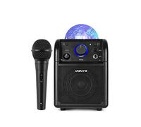 Rechargeable Bluetooth Party Speaker System with Microphone, Portable Wireless Music Player, Built-in LED Rotating RGB Disco Ball Lights, AUX Input, Echo Effect, Compact Black Design, 50W