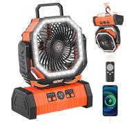 Rechargeable Camping Fan with LED Lantern, 20000mAh 60hrs Auto-Oscillating Battery Operated Desk Fan with Remote/Hook/Timer, Portable Fan for Picnic, Fishing, Tent, RV, Power Outages, Hurricane