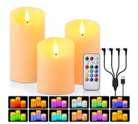 Rechargeable Colored Candles with Remote - LED Pillar Candles with USB Charging Cable, 3D Realistic Flame, Real Wax Flameless Candles for Lantern Romantic Home Decor - 4" 5" 6" H, 2.95" D