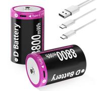 Rechargeable D Battery, 8800 mWh High Capacity 1.5 V D Cell Lithium Batteries Quick Charge via USB-C, D Size Battery Type D Batteries (Pack of 2)