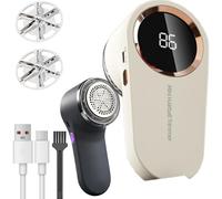 Rechargeable Electric Lint Remover with Digital LED Display - 6-Blade Fabric Shaver & Bobble Trimmer for Clothes and Upholstery, Portable & Safe with Protective Cap (Beige)