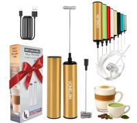 Rechargeable Electric Milk Frother Handheld,2-Speed Travel Frother with Tube Case, Milk Foamer Coffee Frother for Latte, Cappuccino, Drink Mixer with 2 Stainless Whisks and Charger Golden