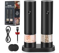 Rechargeable Electric Salt and Pepper Grinder Set USB Automatic Pepper Mill with Ceramic Grinding Core, Adjustable Coarseness, One Button Operation, Dust Cover & Storage Base (Black)