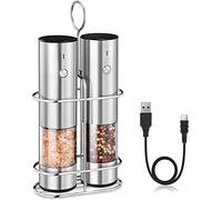 Rechargeable Electric Salt and Pepper Grinder Set with Holder - Nicely Packaged Giftable - No Battery Needed - Automatic Pepper Mill & Adjustable Coarseness & LED Light Refillable - Stainless Steel