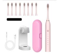 Rechargeable Electric Toothbrush, 6 Cleaning Settings, Comes with 8 Soft Brush Head Holders, Travel case, IPX7 Waterproof, Suitable for Adult and Child Travel, Camping, Gift Giving (Pink)