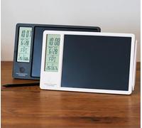 Rechargeable Electronic Memo Pad with LCD Message Board, Thermometer, Hygrometer, Alarm Clock & Desk Calendar - Includes Stand & Magnetic Pen, Ideal for Office Desk or Gift (White)