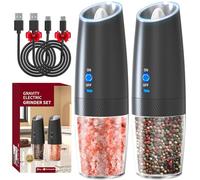 RECHARGEABLE - Gravity Electric Pepper and Salt Grinder Set, Adjustable Coarseness, With LED Light, One Hand Automatic Operation, 2 Pack-Black
