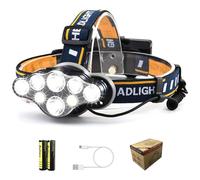 Rechargeable Headlamp, 8 LED 18000 Lumen Headlamp with 1 USB Cable and 2 Batteries, USB Rechargeable Super Bright Adjustable Waterproof Head Torch for Fishing/Camping/Running/Cycling/Hiking