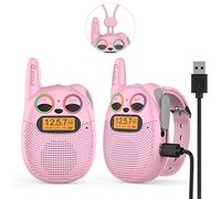 Rechargeable Kids Walkie-Talkies with FM Radio, 2 Miles Range, Twinkling LED Eyes, Wearable Watch Walkies Talkies Toys for Kids Bicycling, Hiking, Camping, Running (Q136_Pink)