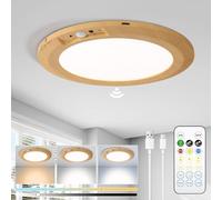 Rechargeable LED Ceiling Light, 10000mAh Battery Operated Bathroom Light with Remote 3 Colour Temperatures, Motion Sensor, Magnetic Mount, Wireless Indoor Ceiling Lamp for Garage Hallway Stair (Wood)