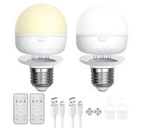 Rechargeable Light Bulb, Dimmable 10%-100% Battery Powered Light Bulbs, E27 Charging LED Bulb with 3 Colour Modes, Independent Remote Control, Magnet Base and Hook for Camping, Emergency & Home Use