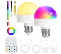 Rechargeable Light Bulb With Timer and Remote, Dimmable Battery Light Bulbs with Magnetic Base, E27/E26 Detachable Charging LED Bulb, Non Hardwired Lamps with 3 Color Temperatures + 12 RGB, 2 Packs