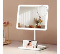 Rechargeable Lighted Makeup Mirror 9.5” Large Vanity Mirror with 3-Colour Dimmable Lighting, 360° Rotating Tabletop Mirror with Phone Stand, 2000mAh Battery, Touch Control, Detachable 10X Magnifier