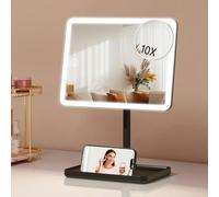 Rechargeable Lighted Makeup Mirror 9.5” Large Vanity Mirror with 3-Colour Dimmable Lighting, 360° Rotating Tabletop Mirror with Phone Stand, 2000mAh Battery, Touch Control, Detachable 10X Magnifier