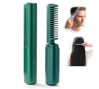 Rechargeable Mini Hair Straightener | 2 in 1 Anti-Scald Hair Straightener Brush and Curler | Portable Travel Negative Ion Hair Straightener Styling Comb | Cordless Mini Hair Straighteners (Green)