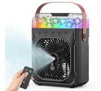 Rechargeable Misting Fan Portable【Max 40H Runtime】,Desk Cooling Air Conditioner Fan 5℉ Drop,Water Spray Mister Fan & 2 Spray Modes, Battery Powered Operated Bedroom Fan & Lights, Remote Control, Black
