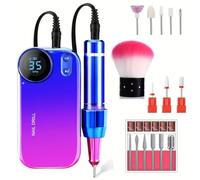 Rechargeable Nail Drill Machine for Acrylics - 35,000 RPM Professional E File with 8 Bits & LCD Display, Ultra-Quiet Electric Nail File for Salon & Home Manicure/Pedicure (Blue-red Gradient)