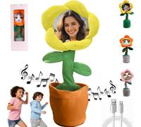 Rechargeable Personalized Singing Sunflower Toy with Custom Text/Photo, Dancing Musical Interactive Plush, Complete Gift Set with USB Cable & Bag, Birthday Present for Kids & Adults (Yellow)