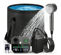 Rechargeable Portable Camping Shower Set 12000mAh with Digital Display, 6 Adjustable Water Flow Spray Head & Foldable Bucket for RV Pet Washing Outdoor Camping Emergency