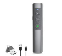 Rechargeable Presentation Clicker with Green Light Pointer, 2 in 1 USB-A USB-C Metal Wireless Remote Powerpoint Slide Clicker with Volume Control for PPT/Mac/Laptop/Computer, Google Slide Advancer