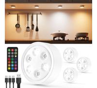 Rechargeable Puck Lights with Remote Control, RGB Colored 2400mAh Battery Operated Push Lights LED Stick On Cabinet Lighting Magnetic Tap Light Color Changing Classroom Wireless Under Shelf Light