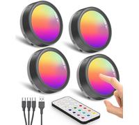 Rechargeable RGB Puck Lights With Remote Control, Black 1600mAh Battery Stick On Under Cupboard Touch LED Coloured Kitchen Cabinet Magnetic USB Spot Light for Display Shelf