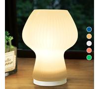 Rechargeable Ribbed Glass Mushroom Table Lamp with Timer, Battery Operated Vintage Aesthetic Led Mushroom Night Light for Bedroom, Cordless Mushroom Desk Lantern Lamp for Outfitters Home Decoration