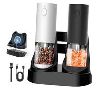Rechargeable Salt and Pepper Grinder Set, Upgraded Larger Capacity Electric Salt and Pepper Grinder Set with USB Charging Base & White LED Light, 5-Level Adjustable, One-Handed Operation, 2 Pack