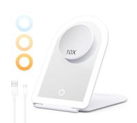 Rechargeable Travel Makeup Vanity Mirror with 56 LED Lights, Portable Lighted Makeup Beauty Mirror with 10X Magnifying, Tabletop LED Folding Cosmetic Mirror with Lights, 3 Color Lighting, White