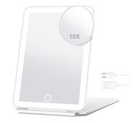 Rechargeable Travel Makeup Vanity Mirror with LED Lights, Dimmable 3 Color Lighting,10X Magnification Mirror,Portable Folding Light up Mirror,Tabletop Folding Cosmetic Mirror Touch Screen, Ultra Thin