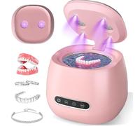 Rechargeable Ultrasonic Retainer Cleaner Machine, 45kHz Portable Dental Cleaning Pod for Dentures, Night Guards, Braces, Aligner, Toothbrush, Jewelry, 3 Cleaning Modes, 200ML Capacity, Pink