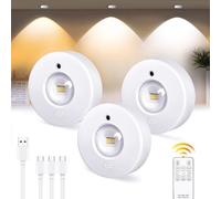 Rechargeable Under Cabinet Lights with Remote, Wireless LED Puck Lights Battery Operated, 3 Colour Temperatures Dimmable Stick-On Magnetic Cupboard & Under Counter Lights, Timer Memory, 3 Pack
