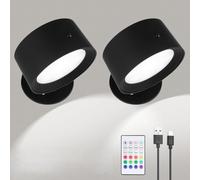 Rechargeable Wall Lights,2PCS Led Wall Lights With Remot Control 6-Level Brightness, 2 Colour Temperatures & 12 RGB Modes, 360° Rotation Battery Operated Wall Lamp For Living Room Bedroom Reading