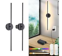 Rechargeable Wall Lights Indoor Set of 2, Detachable Battery Operated Wall Light With Remote & Touch Switch, LED Dimmable Wireless Wall Sconces, 15 Colors, 8000mah,Timer, 360° Rotation, Black, 100CM