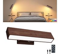 Rechargeable Wall Lights Indoor Walnut Wood with Remote,5200mAh Battery Operated Wall Lights,Magnetic,Stick On,Dimmable RGB &3 Colour Temperature,Wireless Wall Mounted Reading Lights for Bedroom 1Pack