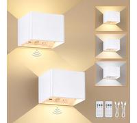 Rechargeable Wall Lights with Motion Sensor, 5400mAh Battery Operated Wall Lamps with Remote Control, Dimmable and 3 Colors, On and Auto Modes Indoor Wall Sconces for Bedroom, Hallway, White 2 Pack