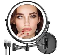 Rechargeable Wall-Mounted LED Makeup Mirror 8-Inch Double-Sided 1X/10X Magnifin Touch Screen with 3 Adjustable Color Lights (Black)