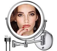 Rechargeable Wall-Mounted LED Makeup Mirror 8-Inch Dual-Sided 1X/10X Magnifin Touch Screen with 3 Dimmable Color Lights (Chrome)