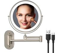 Rechargeable Wall Mounted Lighted Makeup Vanity Mirror 8 Inch Double Sided 1X 10X Magnifying Bathroom Mirror, 3 Color Lighting, Touch Screen Dimming, Extended Arm 360 Rotation Shaving Light up Mirror