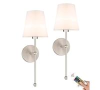 Rechargeable Wall Sconce Battery Operated Wall Lights set of 2 with Remote, Cordless Wall Lamp Battery Powered Wall Sconces, Not Hardwired Dimmable Fabric Wall Light for Living Room Bedroom Hallway(Si