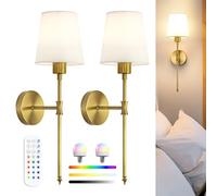 Rechargeable Wall Sconce Lights Set of 2 - Wireless or Hardwired Installation, 57cm Tall Vintage Fabric Shade, Magnetic RGB Bulb with Remote, Wall Lights for Bedroom & Living Room, Gold